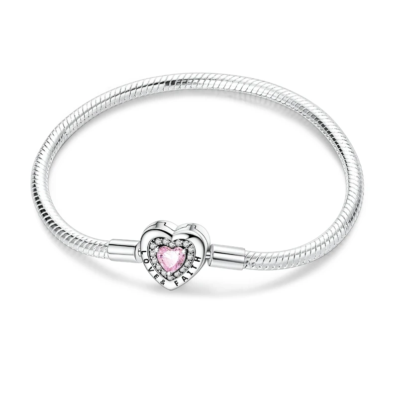 Pulseira prata com fecho coração cravado de zircónia rosa e gravação Love & Faith.