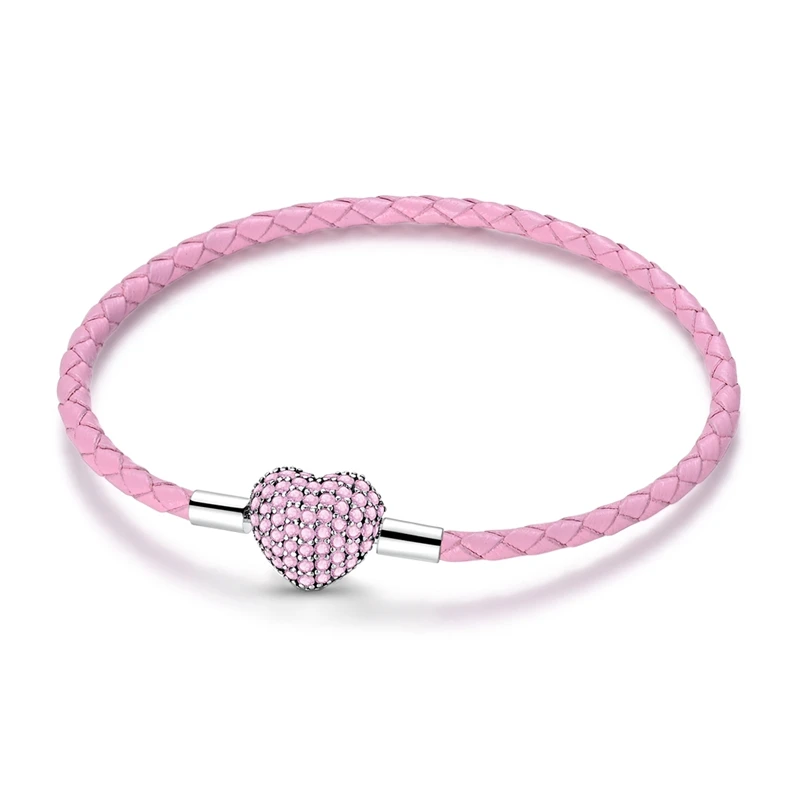 Pulseira trançada cor-de-rosa com fecho em forma de coração cravejado de zircónias rosa.