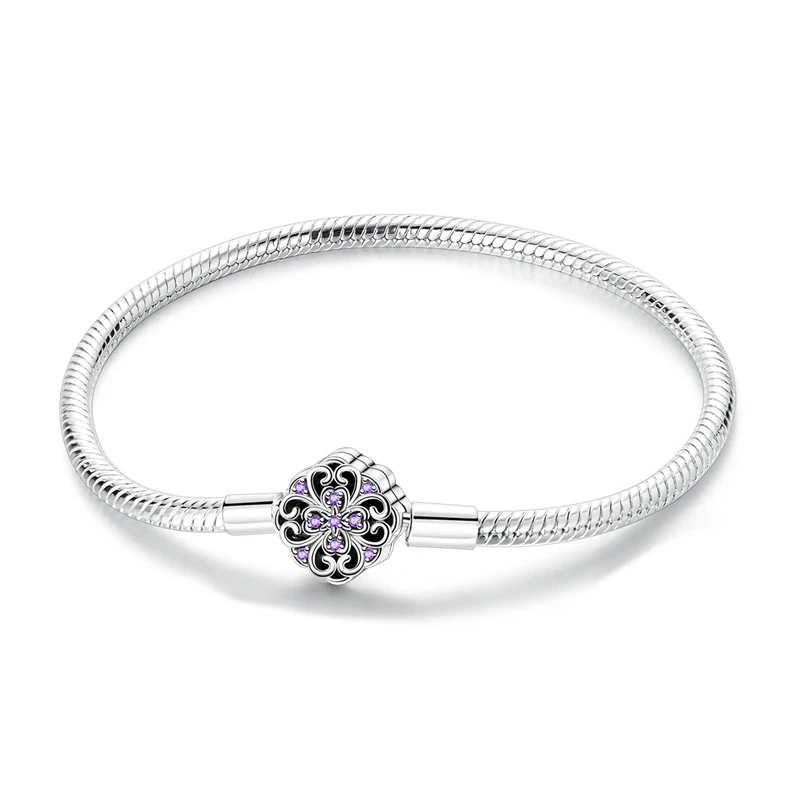 Pulseira de prata com fecho floral cravejado de zircónias roxas, corrente de elos finos
