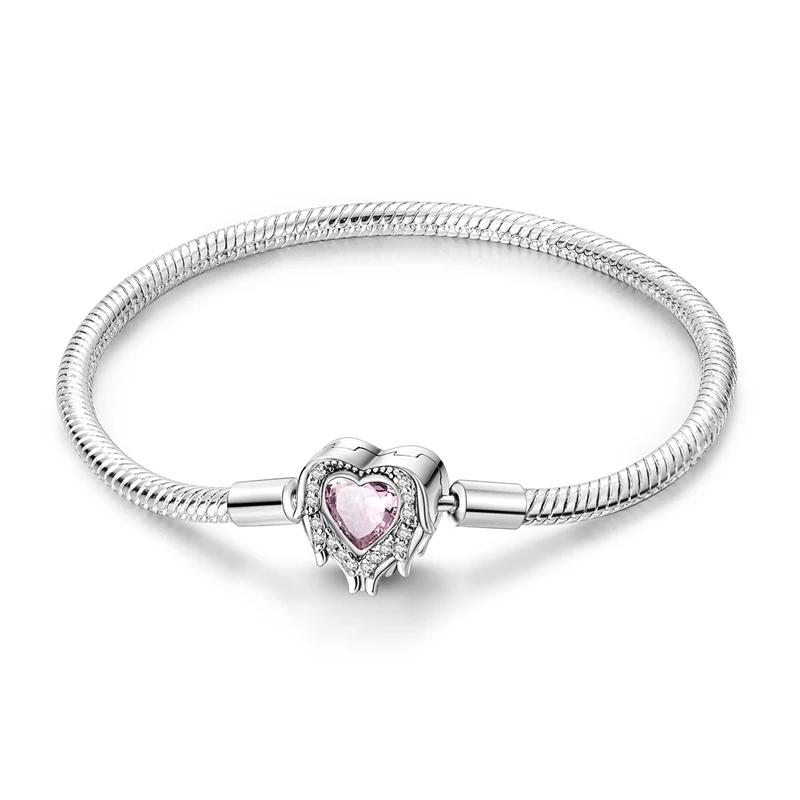 Pulseira de prata com fecho de coração e asas de anjo cravejado de zircónias e pedra rosa.