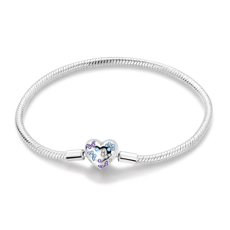 Pulseira prata 925 com fecho coração, borboletas e zircónias azuis e lilás.