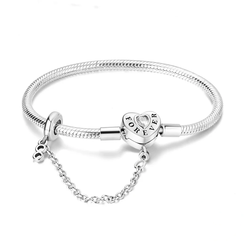 Pulseira de prata 925 com fecho de coração gravado FOREVER, amuleto infinito e zircónia.