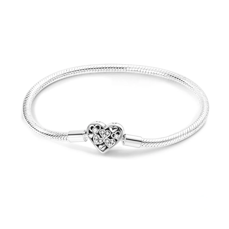 Pulseira de prata com corrente snake e fecho de coração cravejado com zircónias