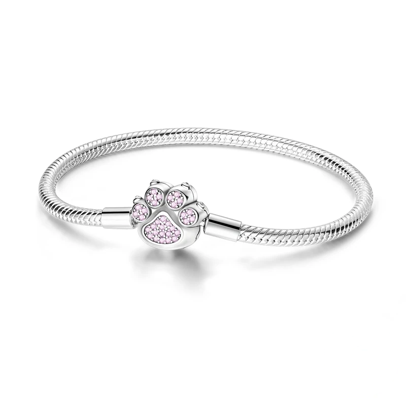 Pulseira de prata 925 com fecho em forma de pata de gato cravejado de zircónias cor-de-rosa.
