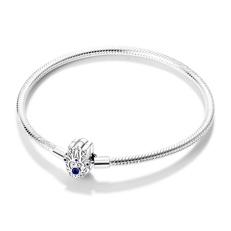 Pulseira prata 925 com fecho Mão de Hamsá e zircónia azul
