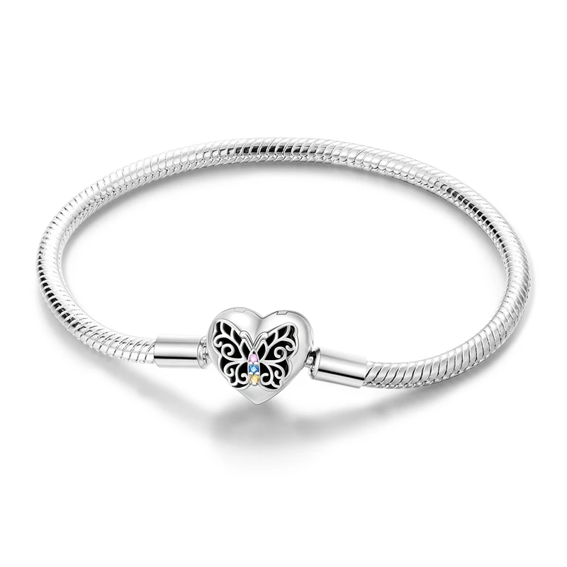 Pulseira de prata com fecho em coração e borboleta decorada com zircónias coloridas