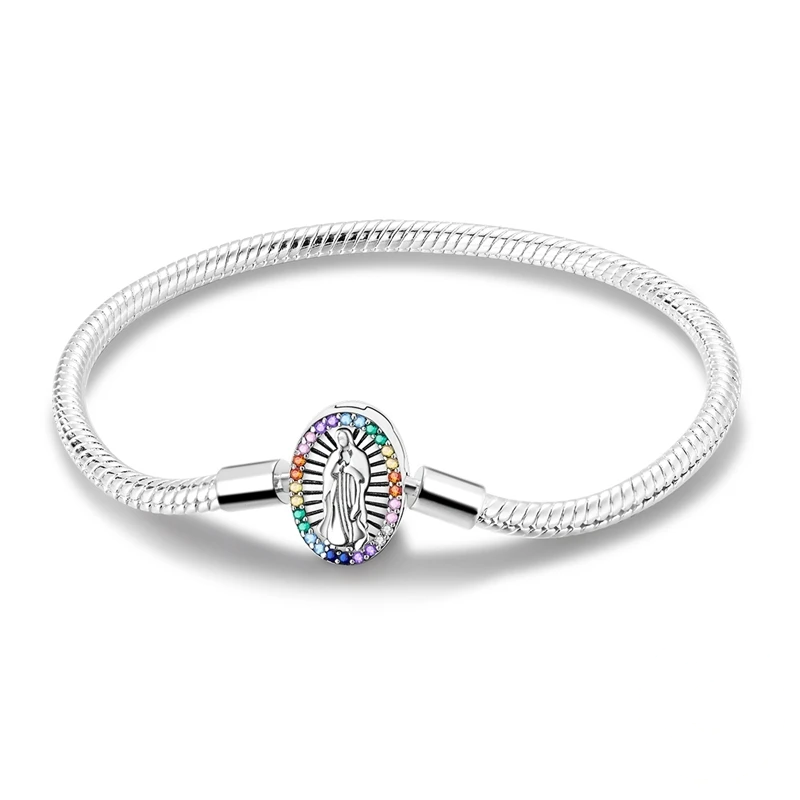 Pulseira de prata com corrente cobra e fecho oval gravado com Nossa Senhora e zircónias coloridas