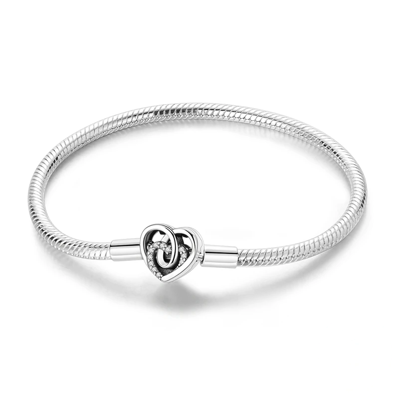 Pulseira prata com fecho de corações entrelaçados cravejados de zircónias