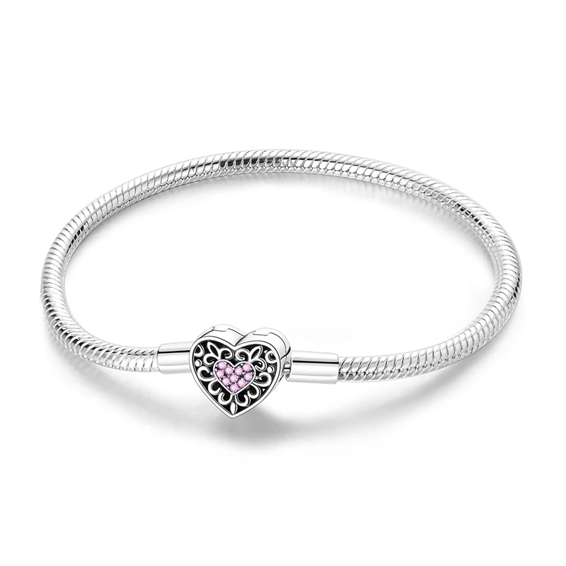 Pulseira de corrente prata com fecho de coração em filigrana cravejado de zircónias rosas