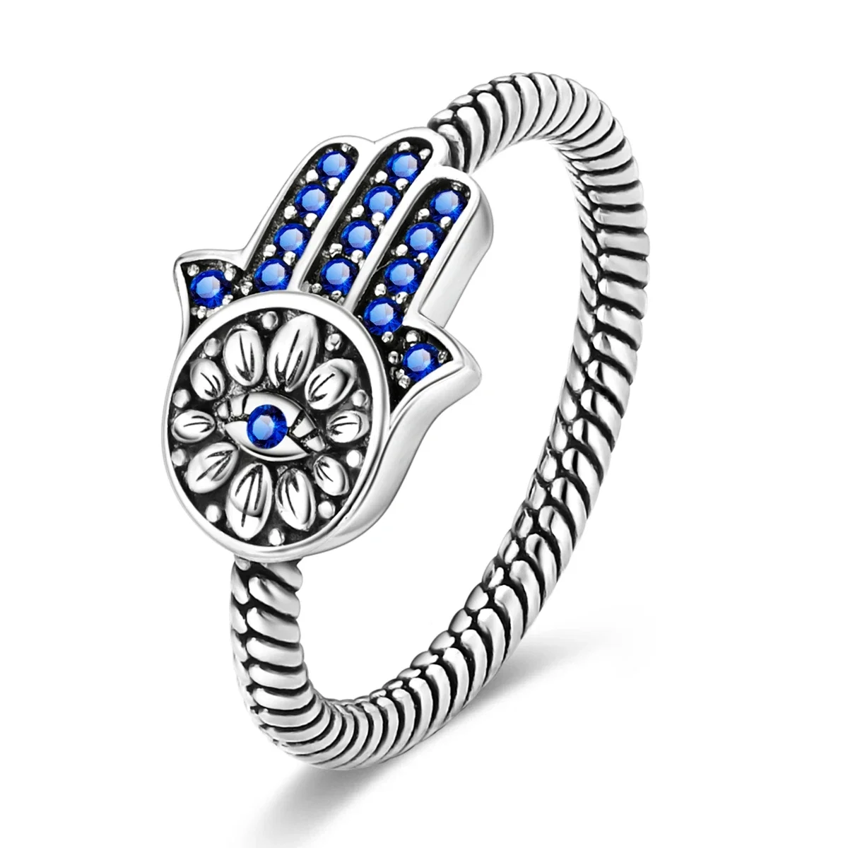 Anel Hamsa em prata com zircónias azuis e olho grego.