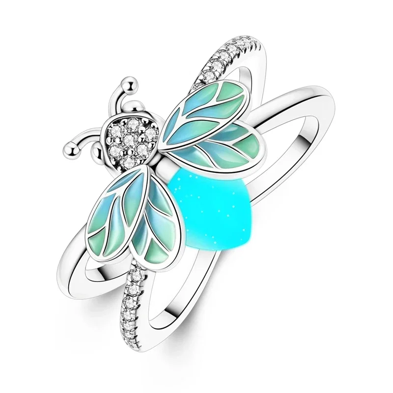 Anel de prata com pirilampo em esmalte azul e verde e pequenos cravados de zircónia