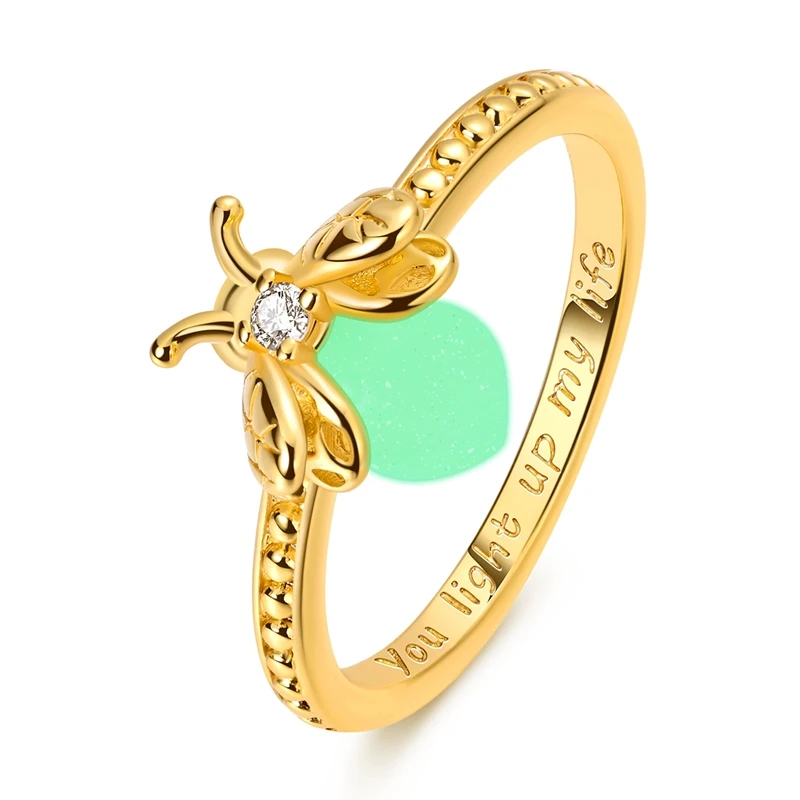 Anel em prata com zircónia e motivo pirilampo, dourado, polido