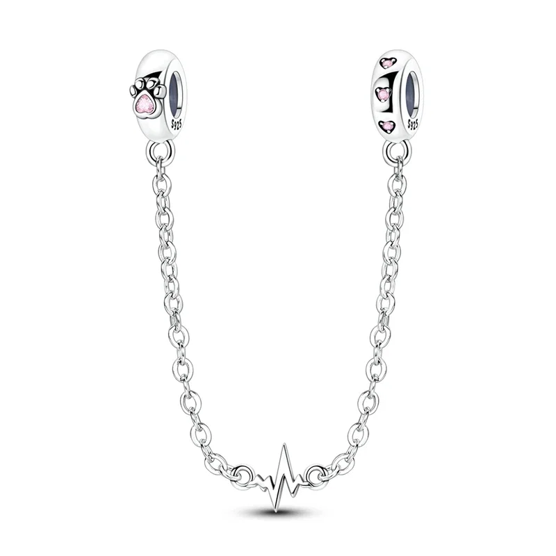 Pulseira de prata com pendente de patinha e coração rosa, com linha de batimento cardíaco e zircónias