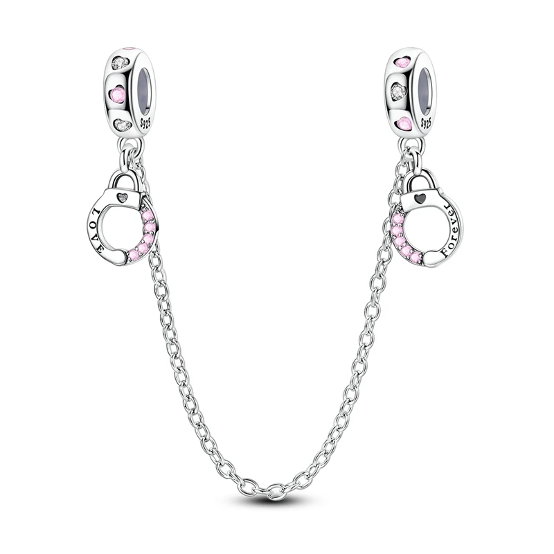 Pulseira de segurança em prata 925 com duas algemas pendentes cravejadas de zircónias rosa e gravuras 'LOVE' e 'Forever'