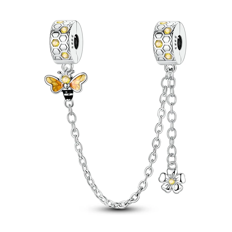 Corrente de segurança em prata 925 com pingente de abelha esmaltada, favo de mel e flor pendente
