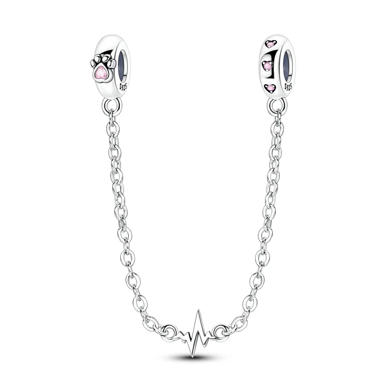 Fio de prata com pendente de patinha de gato com pedra rosa e pendente de coração com zircónias