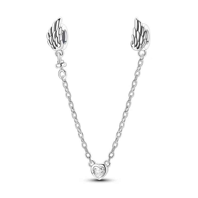 Pulseira de segurança em prata com fechos asas de anjo e cristal em forma de coração.