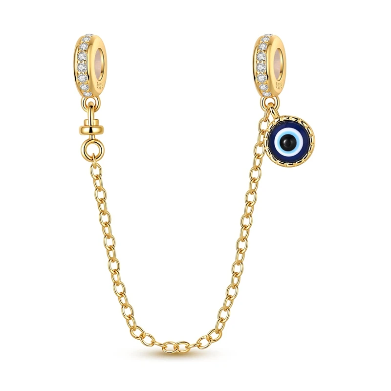 Pulseira de prata com corrente dourada e pingente Olho Grego azul com zircónias