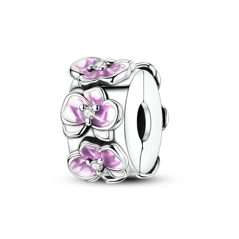 Charm de clipe em prata com flor esmaltada rosa e roxo e zircónias ao centro