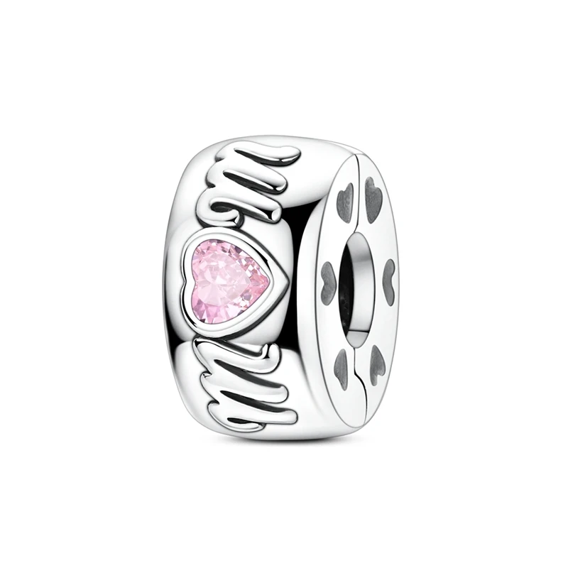 Berloque prata com zircónia rosa em forma de coração e a palavra Mom
