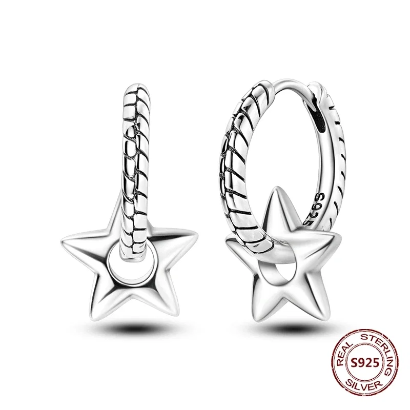 Brincos de argola em prata 925 com pendente estrela, design minimalista