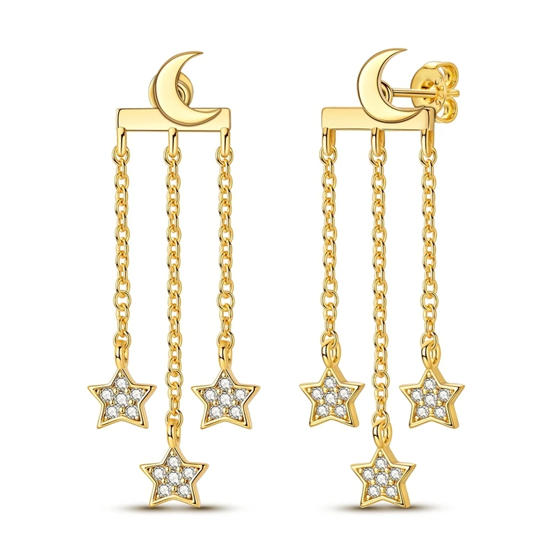 Brincos em prata com topo meia-lua e correntes com estrelas cravadas de zircónias.