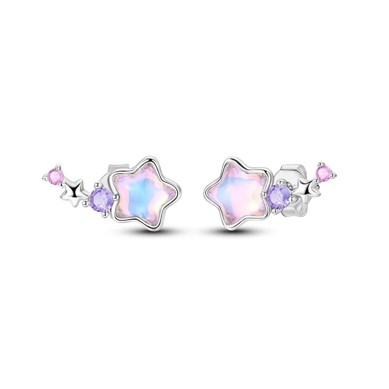 Brincos de tarraxa em prata com estrela cadente e cristal iridescente