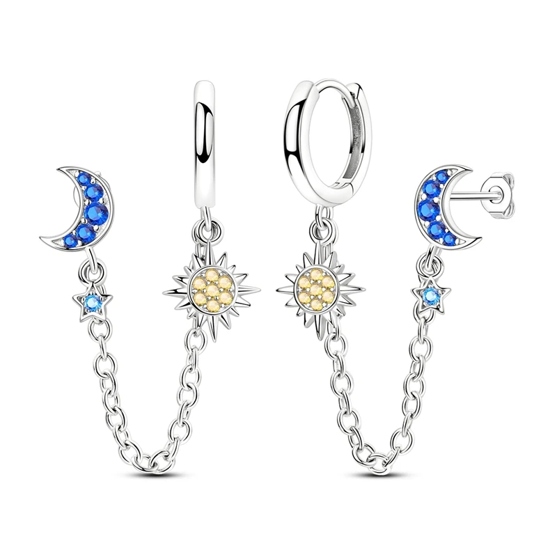 Brincos de prata com pendentes de lua crescente, sol e estrela, adornados com zircónias azuis e amarelas