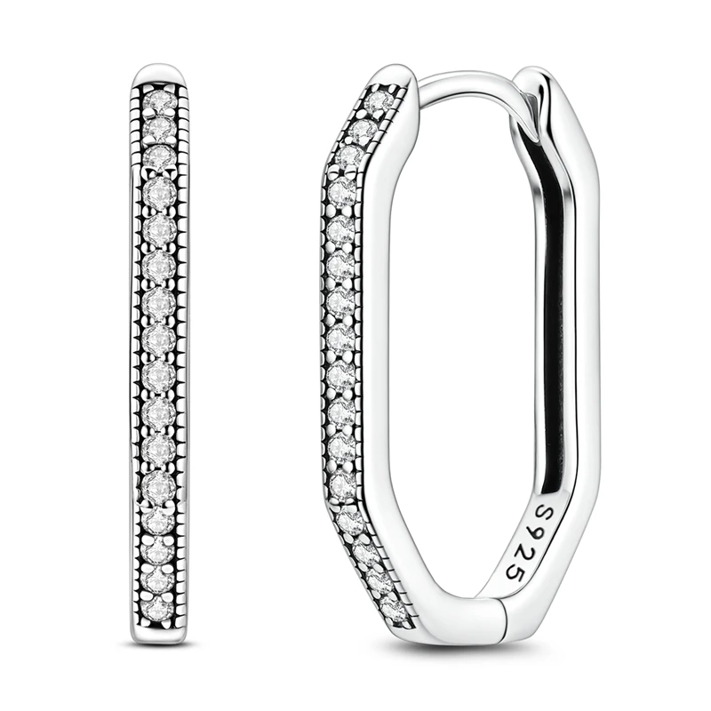 Brincos de argola retangular em prata 925 com zircónias transparentes, design geométrico minimalista
