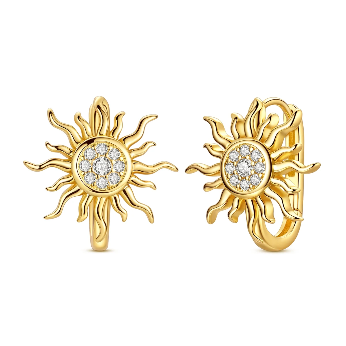 Brincos de argola com motivo sol radiante cravejado de zircónias em prata