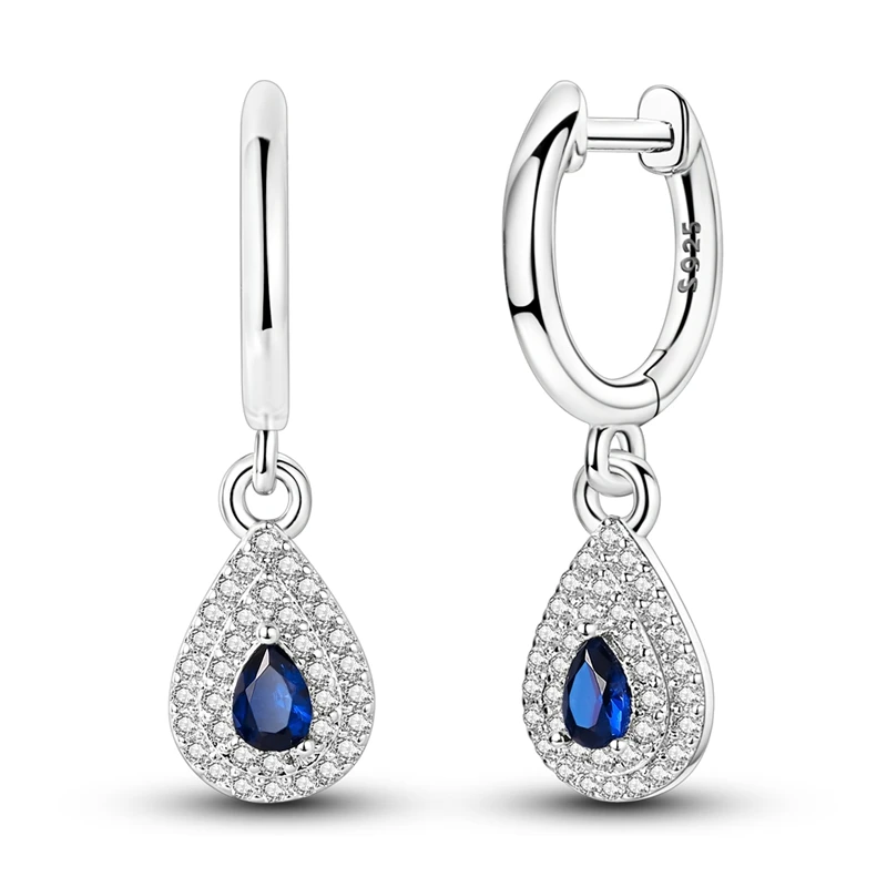 Brincos de argola em prata 925 com gota de zircónia azul e halo de zircónias cristal.