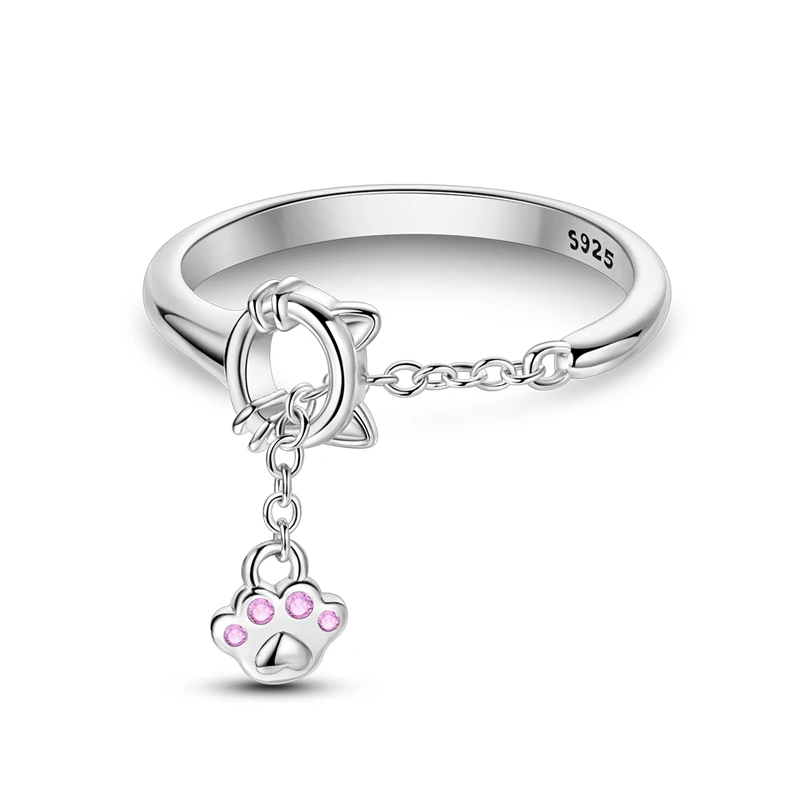 Anel ajustável em prata com motivo de gato e pingente de patinha com zircónia rosa