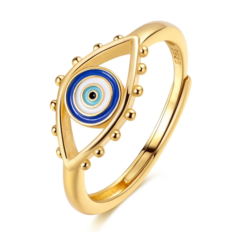 Anel de prata ajustável com pendente de olho grego em esmalte azul e branco