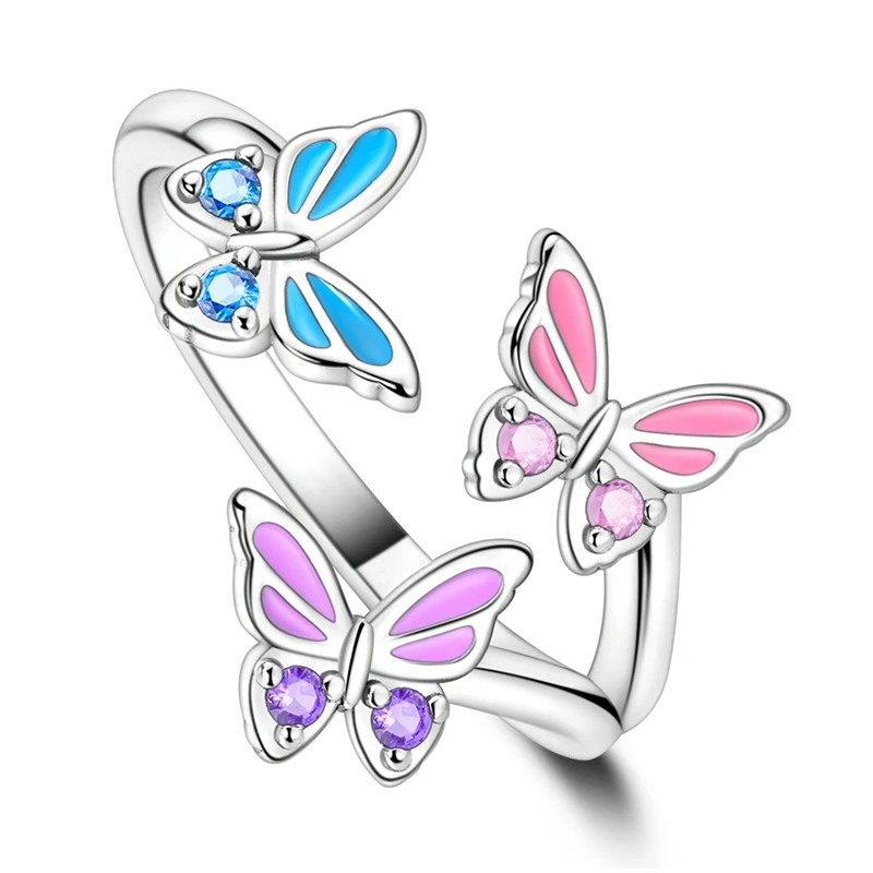 Anel de prata ajustável com três borboletas em esmalte azul, rosa e roxo e detalhes em zircónia.