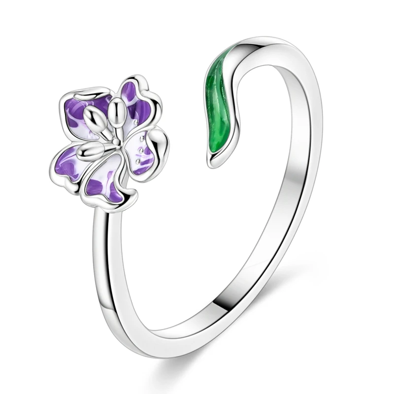 Anel ajustável em prata com flor esmaltada roxa e folha verde, design floral delicado