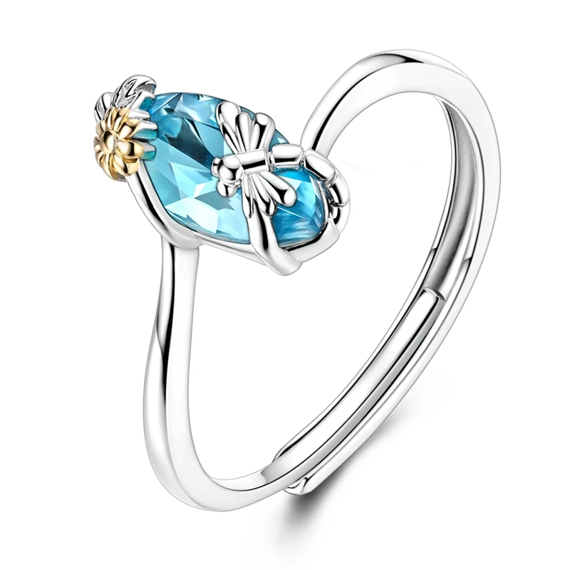 Anel ajustável em prata com zircónia azul, libélula prateada e flor dourada