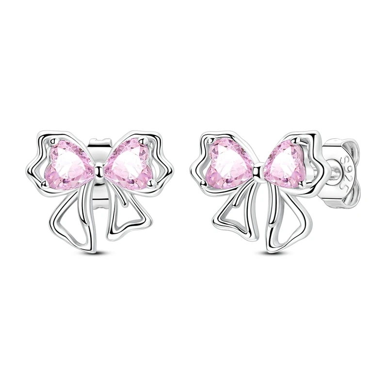 Brincos de pino em prata com laço de fita e coração de zircónia rosa.