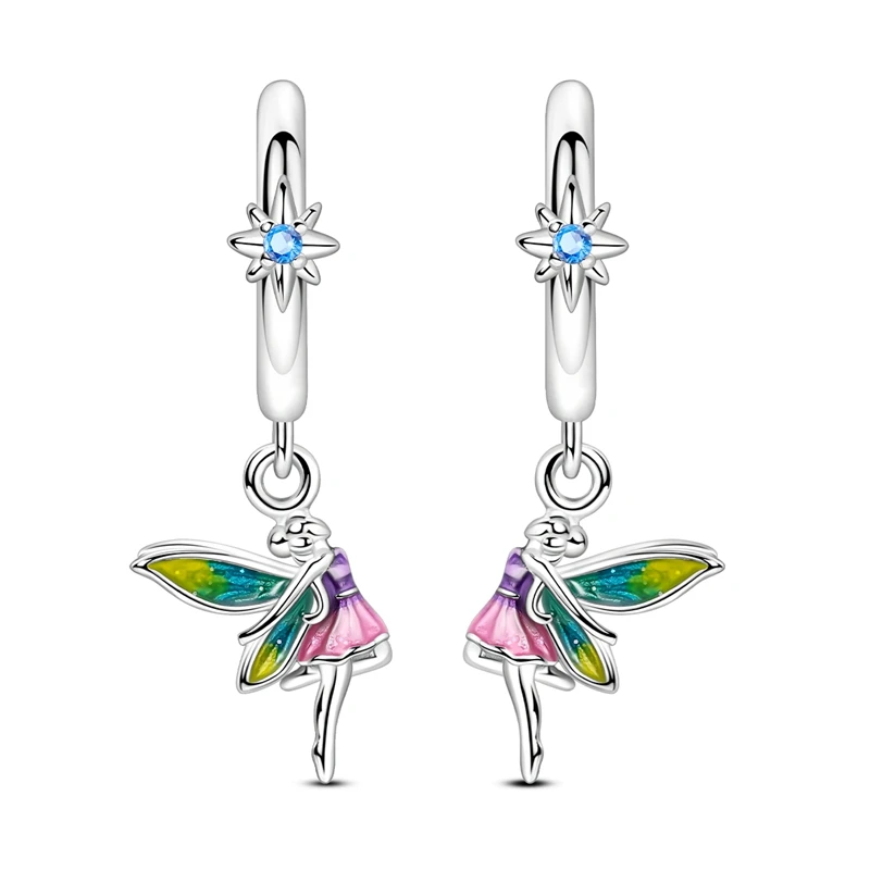 Brincos de argola em prata com pendente de fada esmaltada e estrela cravejada de zircónia azul.