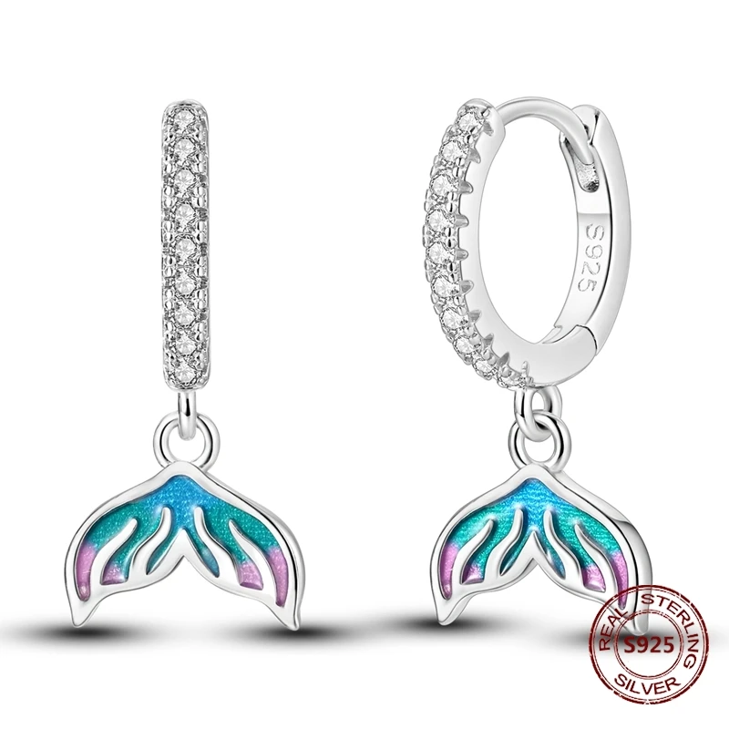 Brincos de argola em prata com pendente esmaltado em cauda de sereia azul e roxo