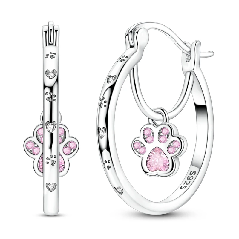 Brincos de argola em prata com pingente de patinha cravejado de zircónias cor-de-rosa