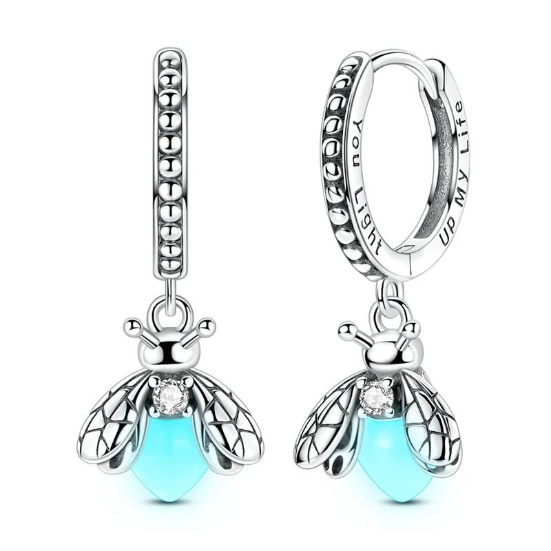 Brincos de argola em prata com pendente pirilampo luminoso e detalhes em zircónia azul