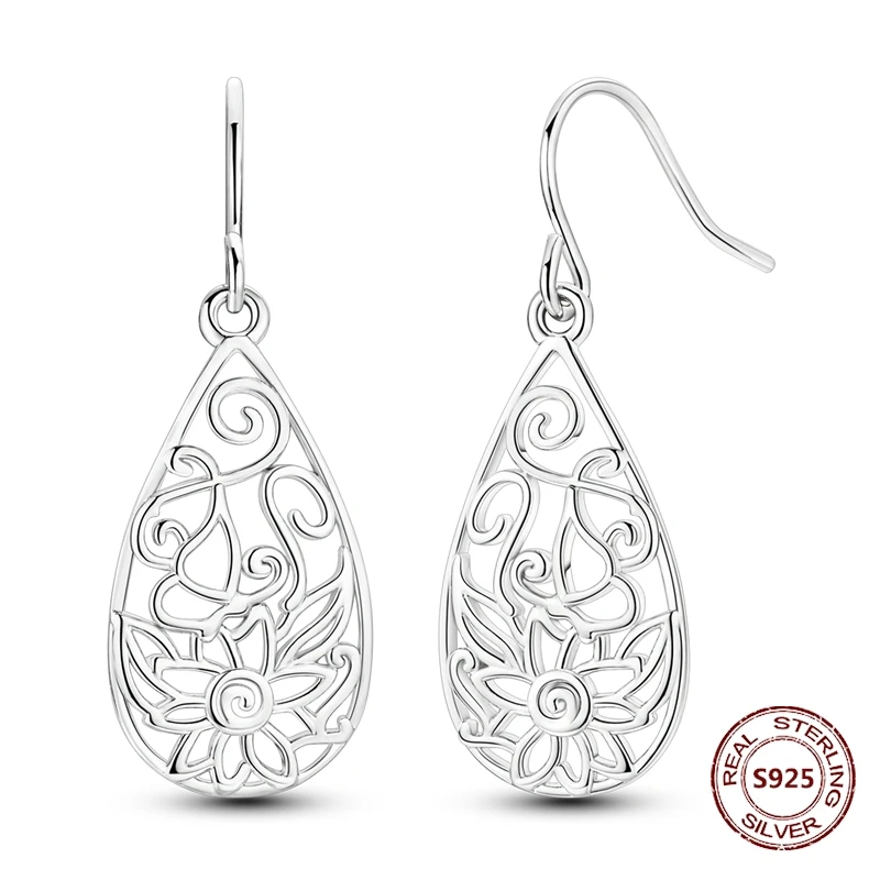 Brincos de gota em prata com pérola e filigrana floral