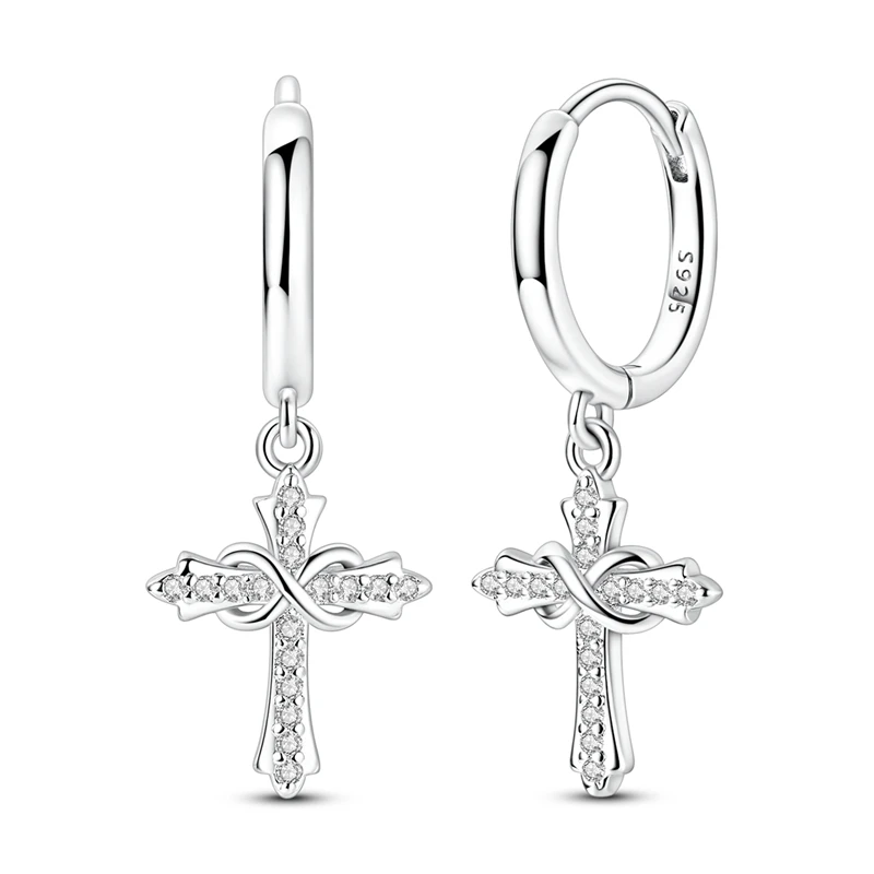 Brincos de argola em prata com pendente de cruz e símbolo do infinito cravejado de zircónias