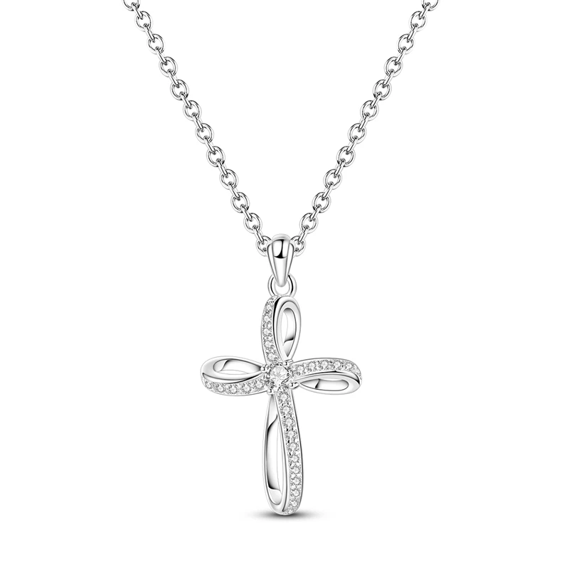 Pendente de cruz estilizada em prata com zircónias, colar delicado