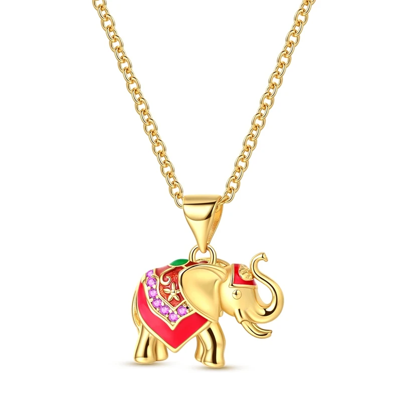 Colar com pingente Elefante decorado com esmalte vermelho e zircónias roxas em corrente dourada