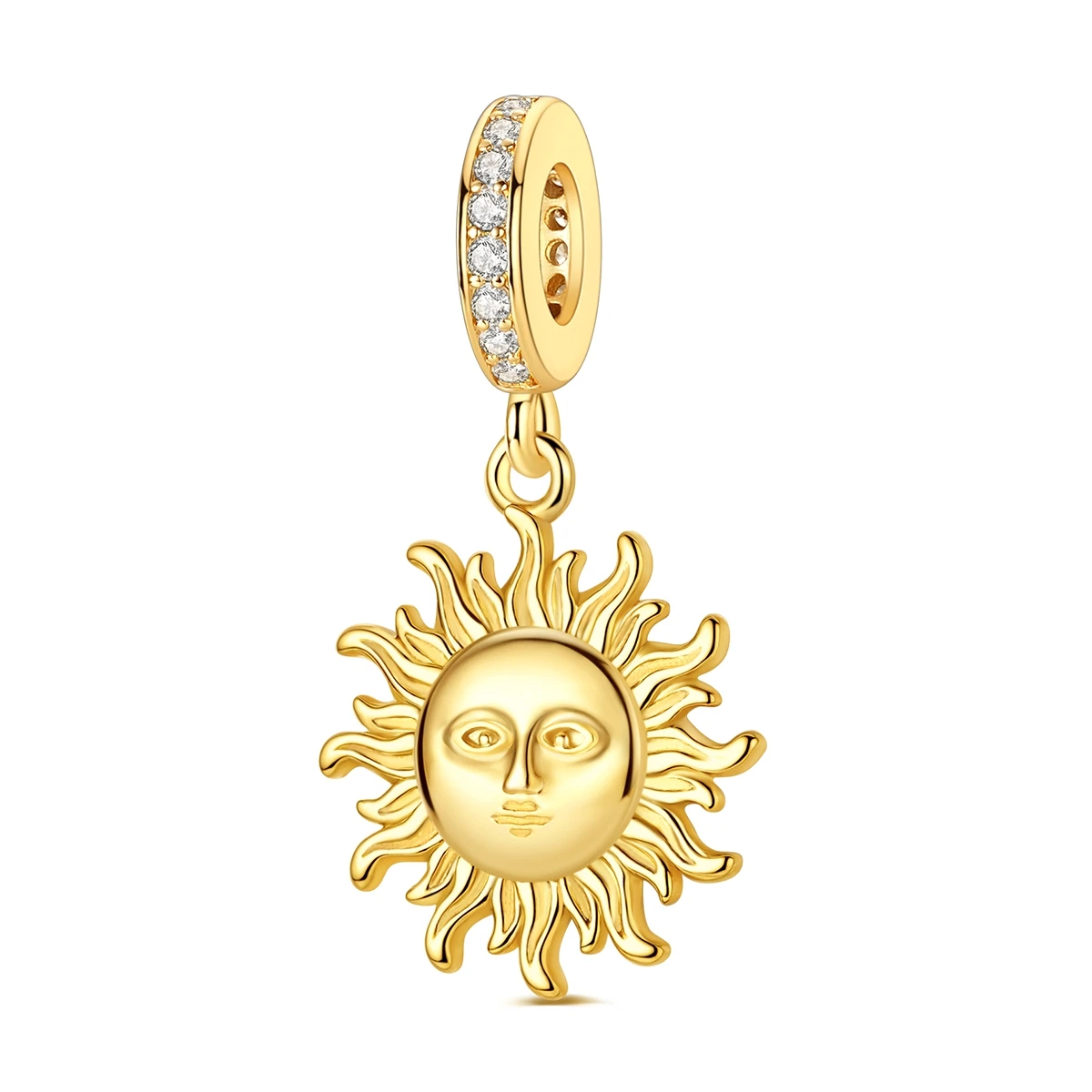 Pingente de sol com rosto esculpido em prata, com zircónias na argola superior.