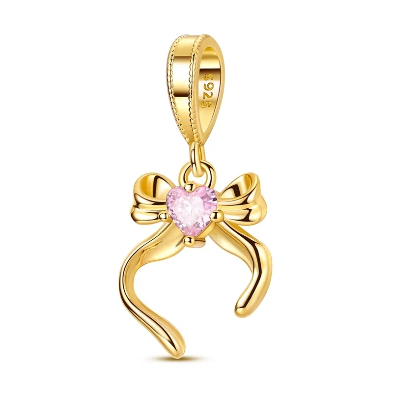 Pingente pendente em prata com laço dourado e zircónia rosa em forma de coração