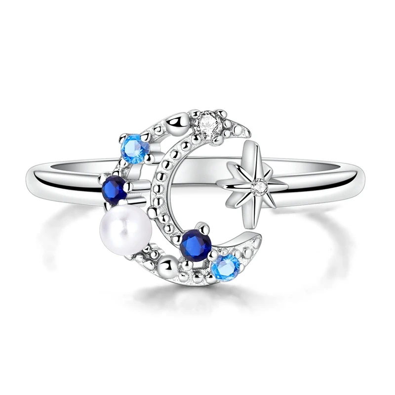 Anel de prata ajustável com lua crescente e estrela cravejadas de zircónia azul.