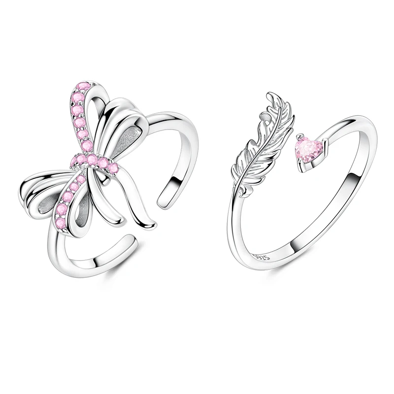 Anel ajustável em prata com uma pena e um coração rosa de zircónia