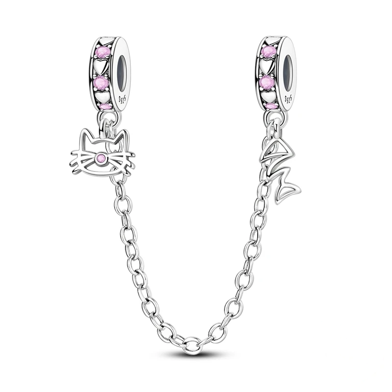Pulseira de segurança em prata com corrente, pingente de cabeça de gato e espinha de peixe, e zircónias rosas